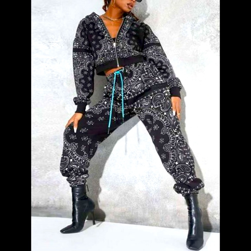 2pc Cashew Full Zip Hooded Jacket & Matching Jogger Set Blue Drawstrings